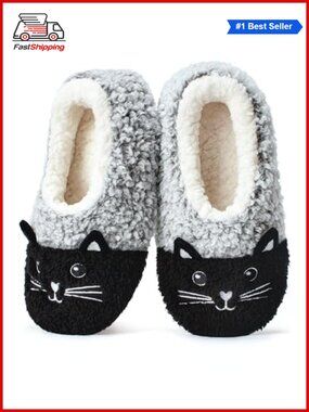 🎅 Cat Plush Slippers Soft Sole Sherpa Lined Non Slip Indoor House Slippers